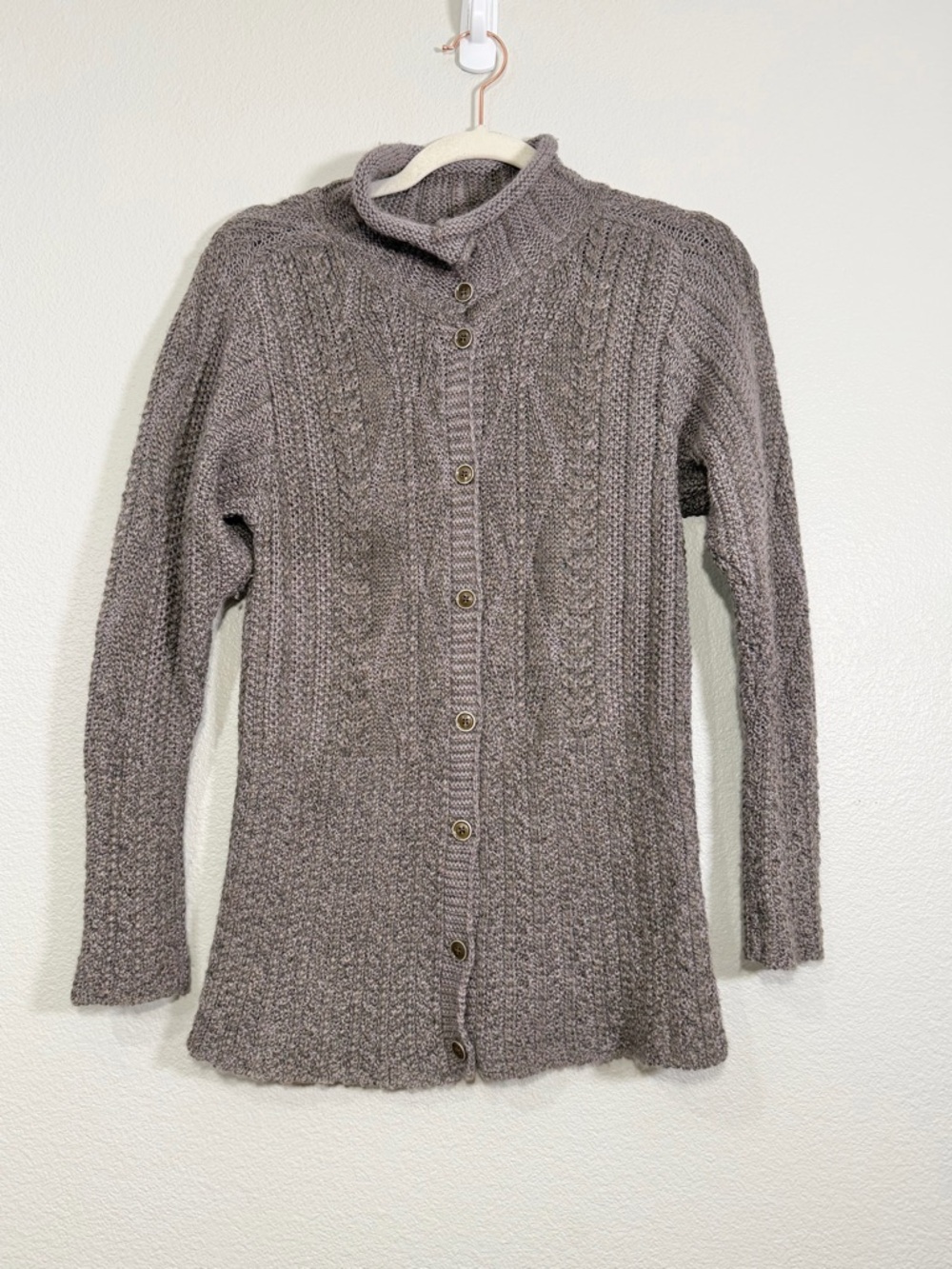 Inis Meain Patented Aran Cardigan Ireland Alpaca Silk Cable Knit Brown Women Med